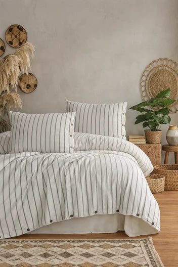 ART HOME %100 ORGANİK PAMUK ÇİFT KİŞİLİK FIRFIRLI NEVRESİM TAKIMI -SİYAH