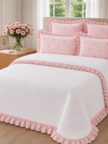 ART HOME %100 PAMUK ÇİFT KİŞİLİK FIRFIRLI PİKE SETİ PEMBE (Kopya)