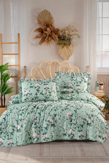 ART HOME %100 PAMUK ÇİFT KİŞİLİK FIRFIRLI PİKE SETİ YEŞİL DESENLİ