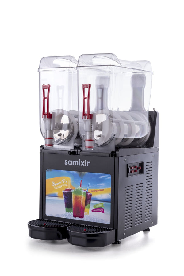 Ice slush makinenizi kaliteli ice slush konsantresi ile tamamlamak için tıklayın!Samixir SLUSH24 Allure Twin Ice Slush Granita Milkshake ve Soğuk Meyve Suyu Dispenseri, 12+12 L, Siyah