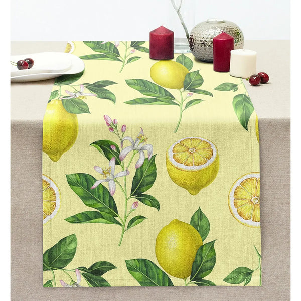 Krem Zeminli Limon Desenli Dekoratif Dikişli Şönil Runner 36*185