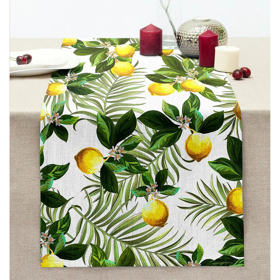 Limon Yaprakları Desenli Dijital Baskılı Dikişli Şönil Runner 36*185